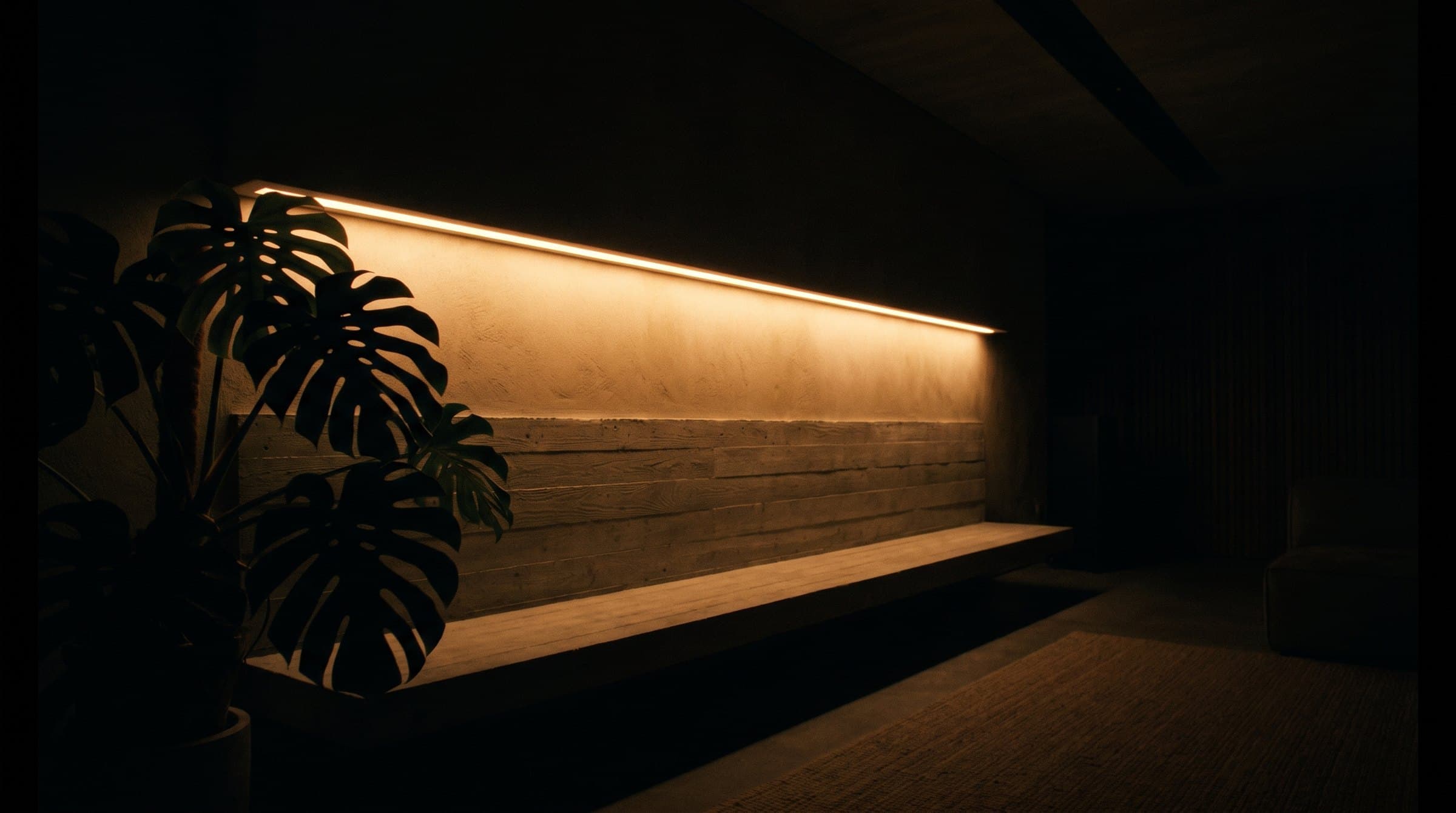 A dark living room with a warm line of light recessed along one wall